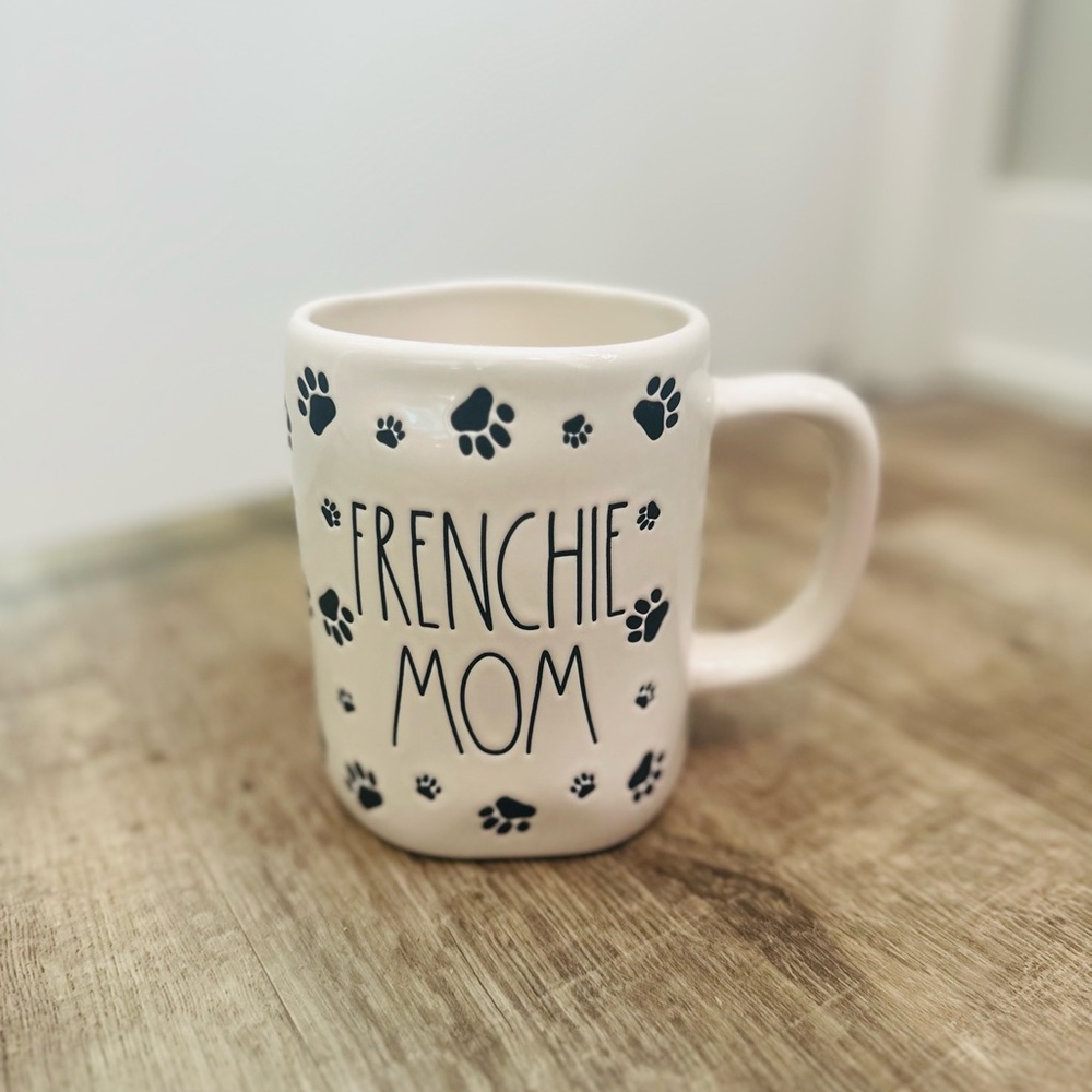 Rae Dunn White Ceramic "Frenchie Mom" Mug with Black Paw Prints